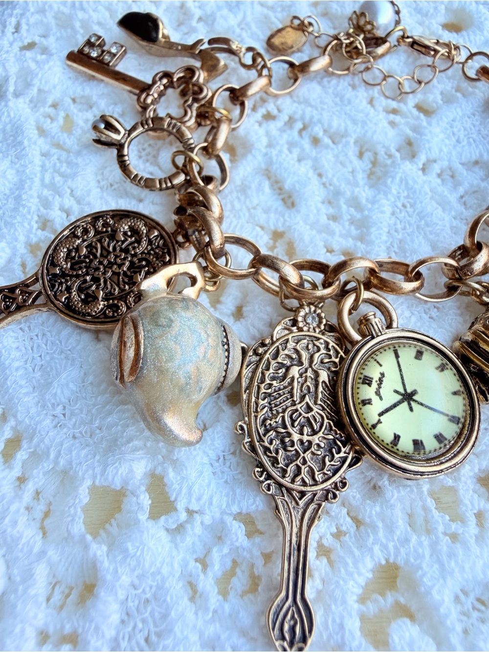 Gold Charm Bracelet with Watch and Tea Set Charms - Picture 3 of 6